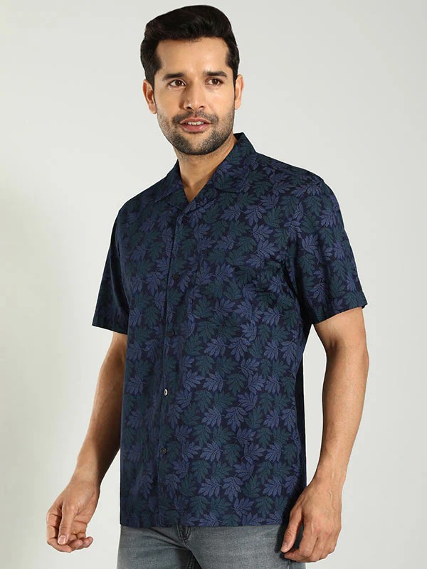 Indian Terrain Men's Regular Fit Half Sleeve Tropical Print Navy Shirt